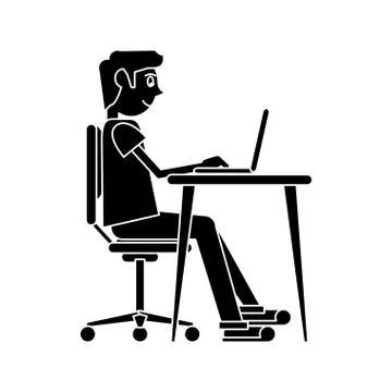 Silhouette man working front computer with pc Illustrazione stock