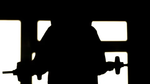 Silhouette of a man’s shadow doing forearm lifts with dumbbell hand weights. Video stock 296532792