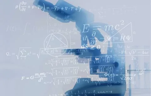 Silhouette of microscope super-imposed with mathematic and scientific formulas Stock Photos