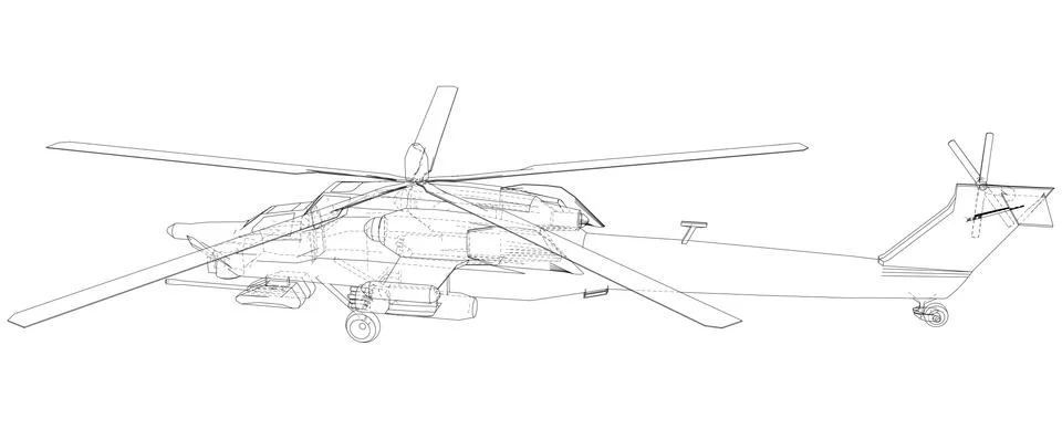 Silhouette of military helicopter. Created illustration of 3d. Vector wire-frame 스톡 일러스트