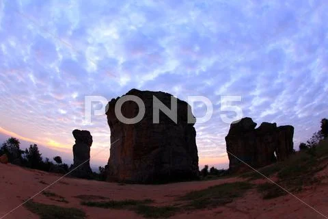Silhouette of mor hin khao, thailand stonehenge, in the morning Stock Photos