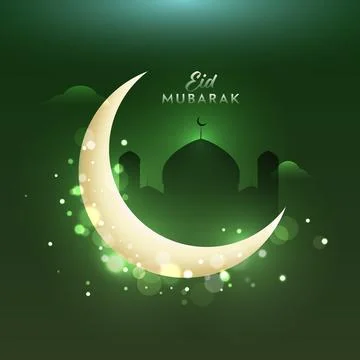 Silhouette Mosque with Crescent Moon in Light Effect Green Background for I.. Stock Illustration