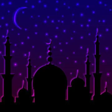 Silhouette of a mosque in the sky sunset, night. Islamic holiday starry night. Illustrazione stock