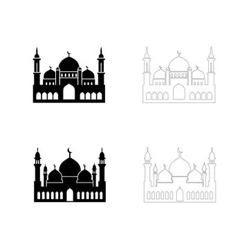 Silhouette of a mosque skyline with multiple domes and minarets, flat bold .. Stock Illustration