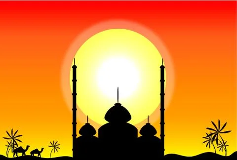 Silhouette of mosque at sunset Stock Illustration
