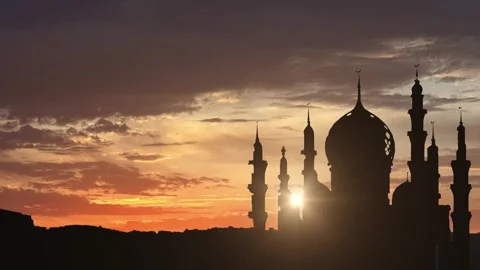 Silhouette of mosque with sunset sky and sun background, Eid al-Fitr Stock Footage 326776796