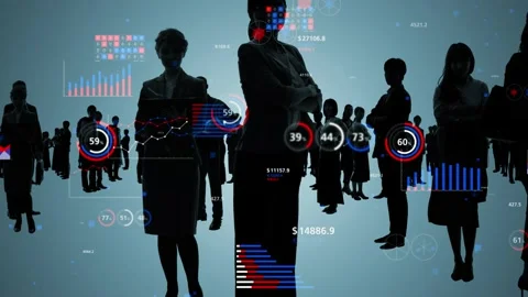 Silhouette of multinational people and statistics chart concept. Human resources Stock Footage 166013306