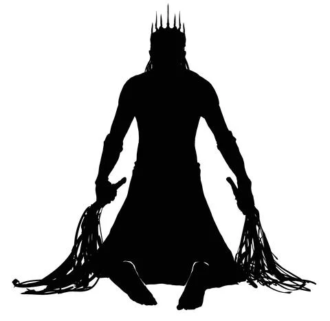 Silhouette of a muscular male king in a crown with long spikes, he holds two  Stock Illustration