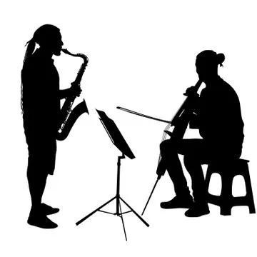 Silhouette of musicians playing the saxophone and cello on a white background Stock Illustration