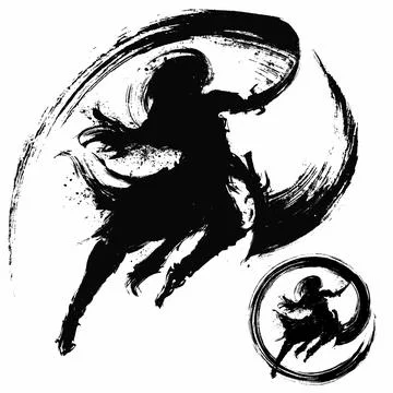 The silhouette of a ninja with two daggers in an epic jump pose, makes a cut  Illustration