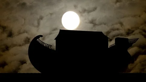 Silhouette of Noah's Ark By Night with Dark Atmosphere, Fog, Smoke, and Moon Stock Footage 279908310