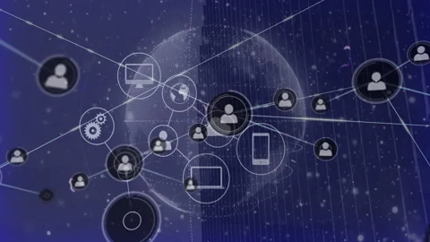 Silhouette node pulsing centrally, linking computer smartphone laptop gear globe Stock Footage 308677084