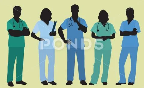Silhouette Nurses Wearing Scrubs Stock Illustration
