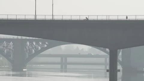 Silhouette Old bridge Drava River People Walk Cars Maribor Slovenia Slow Motion Stock Footage 142741926