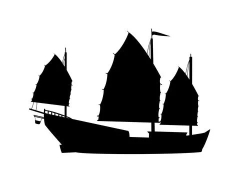 Silhouette oriental ship with sails. Stock Illustration