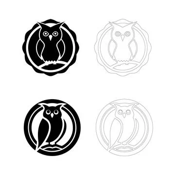 Silhouette of an owl sitting inside a circular emblem, flat bold black vector Stock Illustration