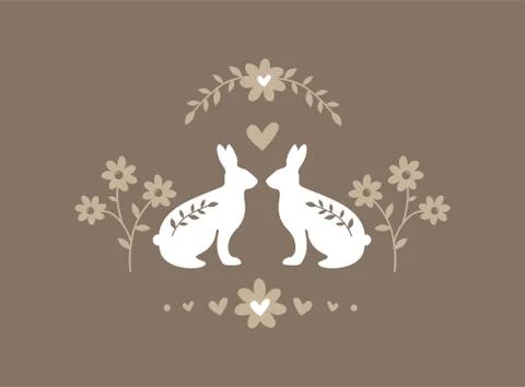 Silhouette of pair of easter bunnies on brown background Illustrazione stock