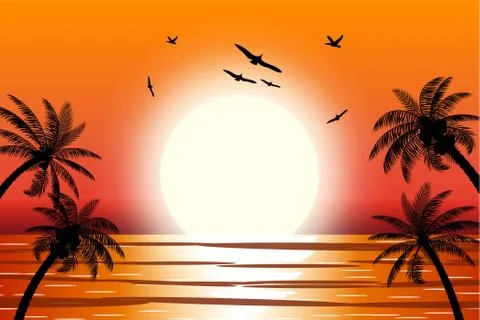 Silhouette of palm tree on beach. Stock Illustration