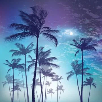 Silhouette of palm tree in moonlight Stock Illustration