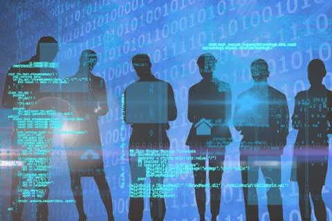 Silhouette of people with programming background Stockfoto's