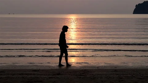The silhouette of people walking on the beach Stock Footage 240780025
