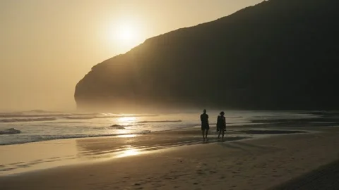 Silhouette of people walking on the beach while sunrise Stock Footage 297791874