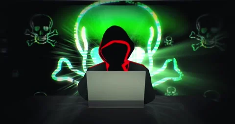 Silhouette of person at desk programming a virus on laptop - Loopable Stock Footage 130806129