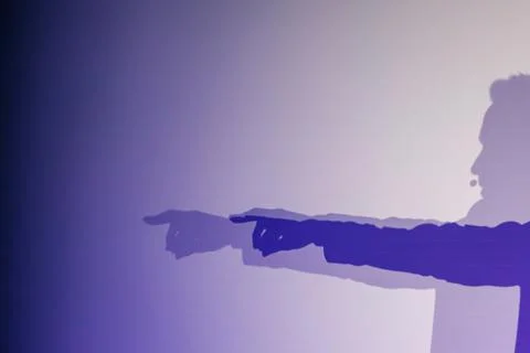 Silhouette of person pointing with dramatic shadows on purple gradient Stock Photos