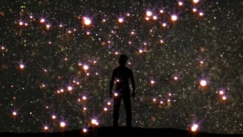 Silhouette of a person standing under a starry night sky with glowing lights Stock Footage 337447733