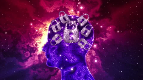 Silhouette of person's head with lock icon in brain area Video stock 159667717