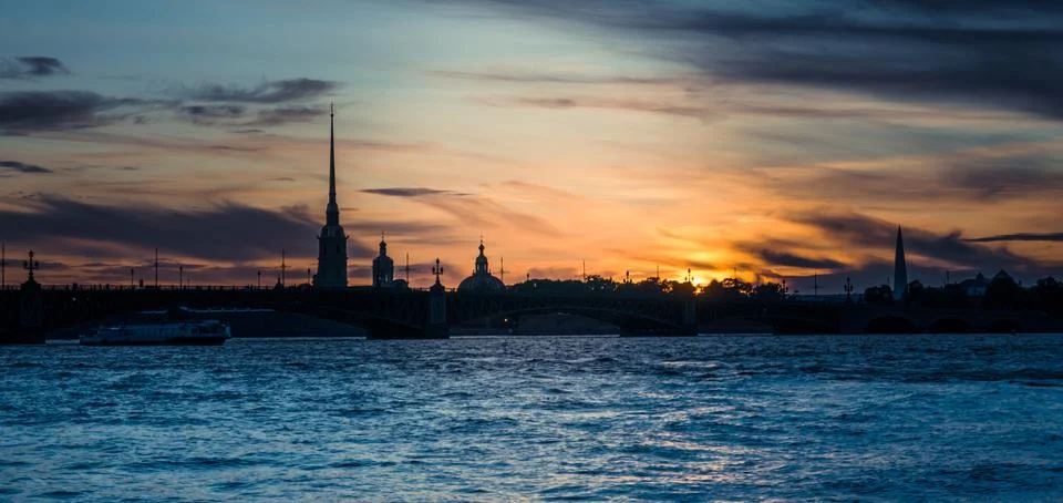 Silhouette of Peter and Paul Fortress in Saint Petersburg at sunset Stock Photos