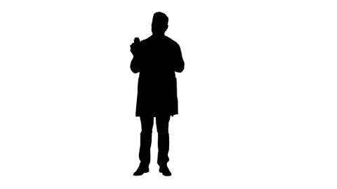 Silhouette Pharmacist Man Looking Camera Posing and Showing White Bottle Stock-Illustration