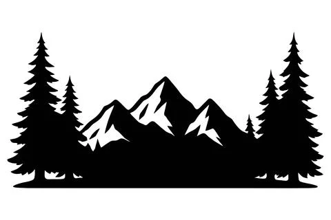 Silhouette of pine trees and snow capped mountains against white background Illustrazione stock