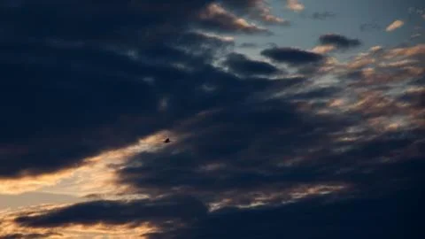 Silhouette of the plane in the clouds at sunset Stock Photos