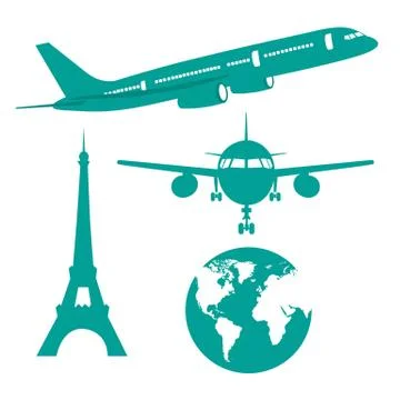 Silhouette plane, earth and eiffel tower isolated vector Illustrazione stock