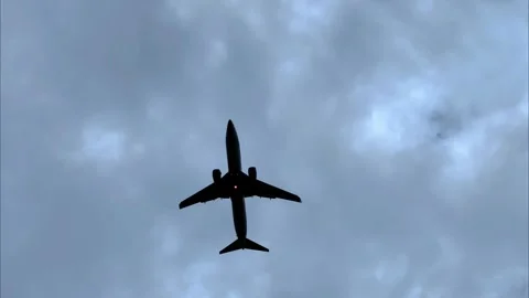 Silhouette of a plane flying before landing on the background of evening sky. Stock Footage 281135251