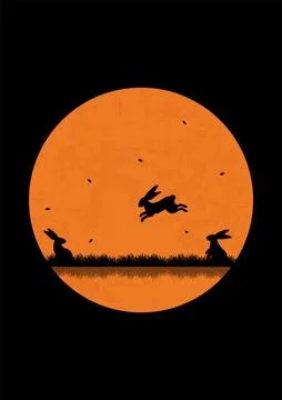 Silhouette of playing bunnies spring dusk meadow. Magical misty Easter spri.. Stock Illustration