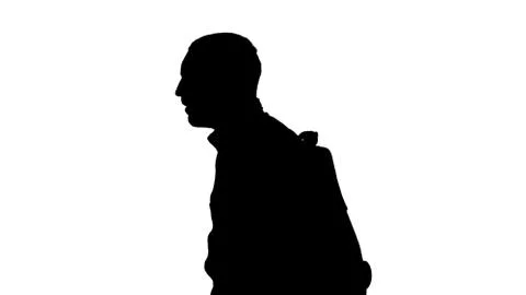 Silhouette Portrait of man putting backpack on. Stock Illustration