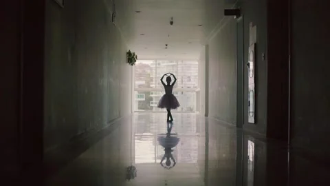 Silhouette of Pretty Ballet-dancer Dancing Classical Ballet in Dark Hallway. Stock Footage 145311959