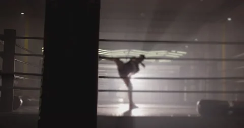 Silhouette Of Professional Kick Boxer Practicing In A Ring . Shadow Boxing Stock Footage 132588150