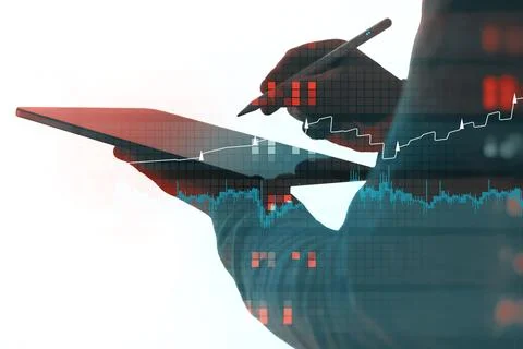 Silhouette of professional using tablet device with stylus combined with re.. Stock Photos