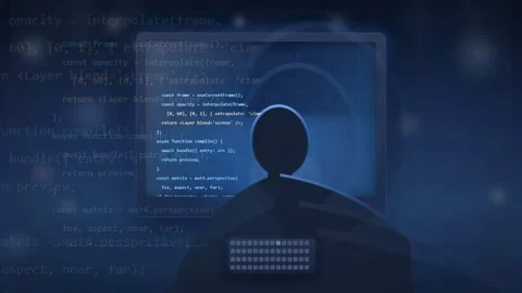 Silhouette of a programmer working on complex computer code with digital data Stock Footage 341827609