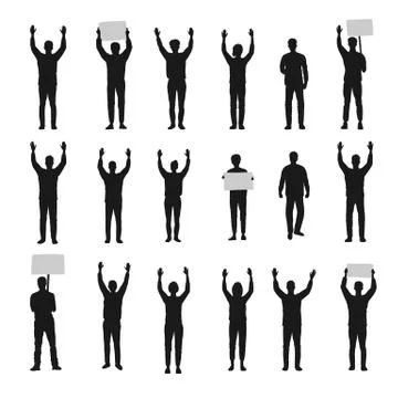 Silhouette of protesting people with hands up vector set Stock Illustration