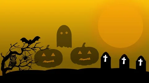 Silhouette of pumpkin ghost tree owl bat and full moon. 2 pumpkins and ghost fal Stock Footage 288659500