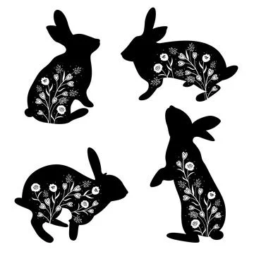 Silhouette rabbit with flower. Happy Easter vector illustration. Stock Illustration
