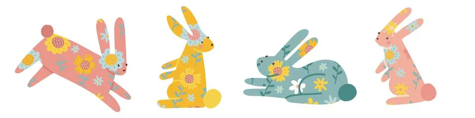 Silhouette of rabbits sitting and lying down. Ester bunnies with flok flower Stock Illustration