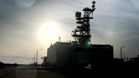 Silhouette Radar Tower Low Angle Shot Stock Footage 130358737