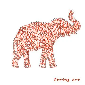 Silhouette of a red elephant, side view. Nail thread string art vector design Stock Illustration