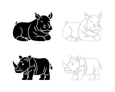 Silhouette of a rhino resting on the ground, flat bold black vector Stock Illustration