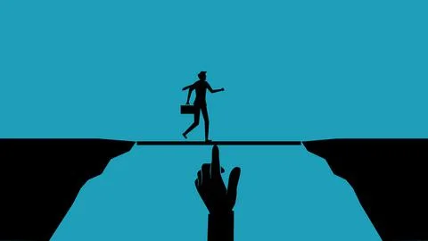 Silhouette risks or obstacles. Businessman looks at the collapsed staircase.  Stock Illustration